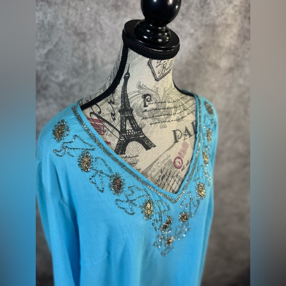 Tantrums Cotton Sky Blue Silver Beaded V- Neckline Long Sleeve Tunic Size 3X - Picture 7 of 11